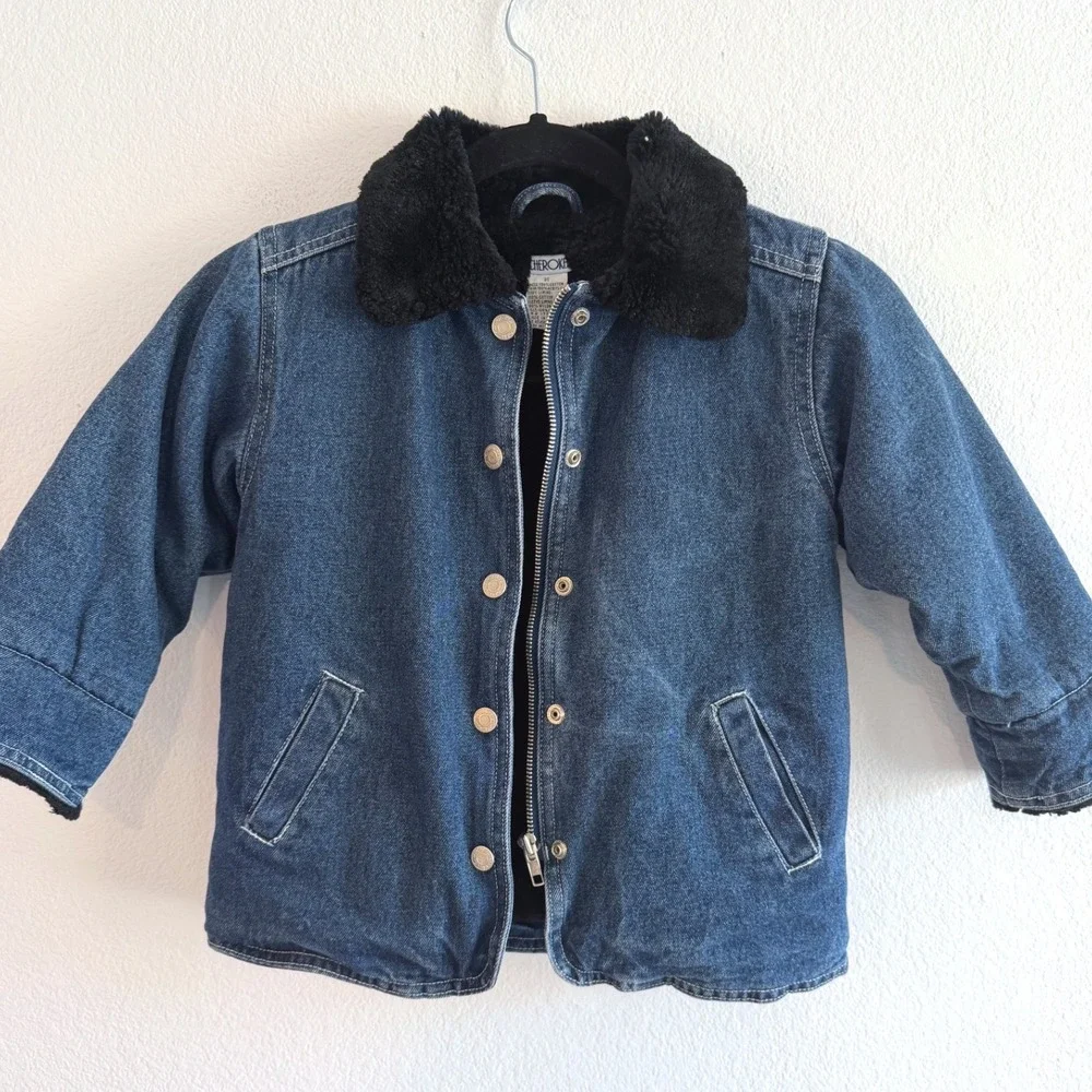 Vintage Cherokee Kids Denim Jacket Faux Fur Collar Jean Denim 3T Wash Zip Up